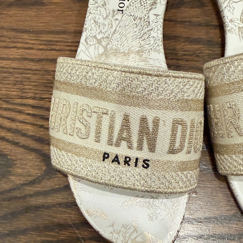 Dior Dway Gold and Beige Embroidered Slide Sandals - Picture 2 of 7
